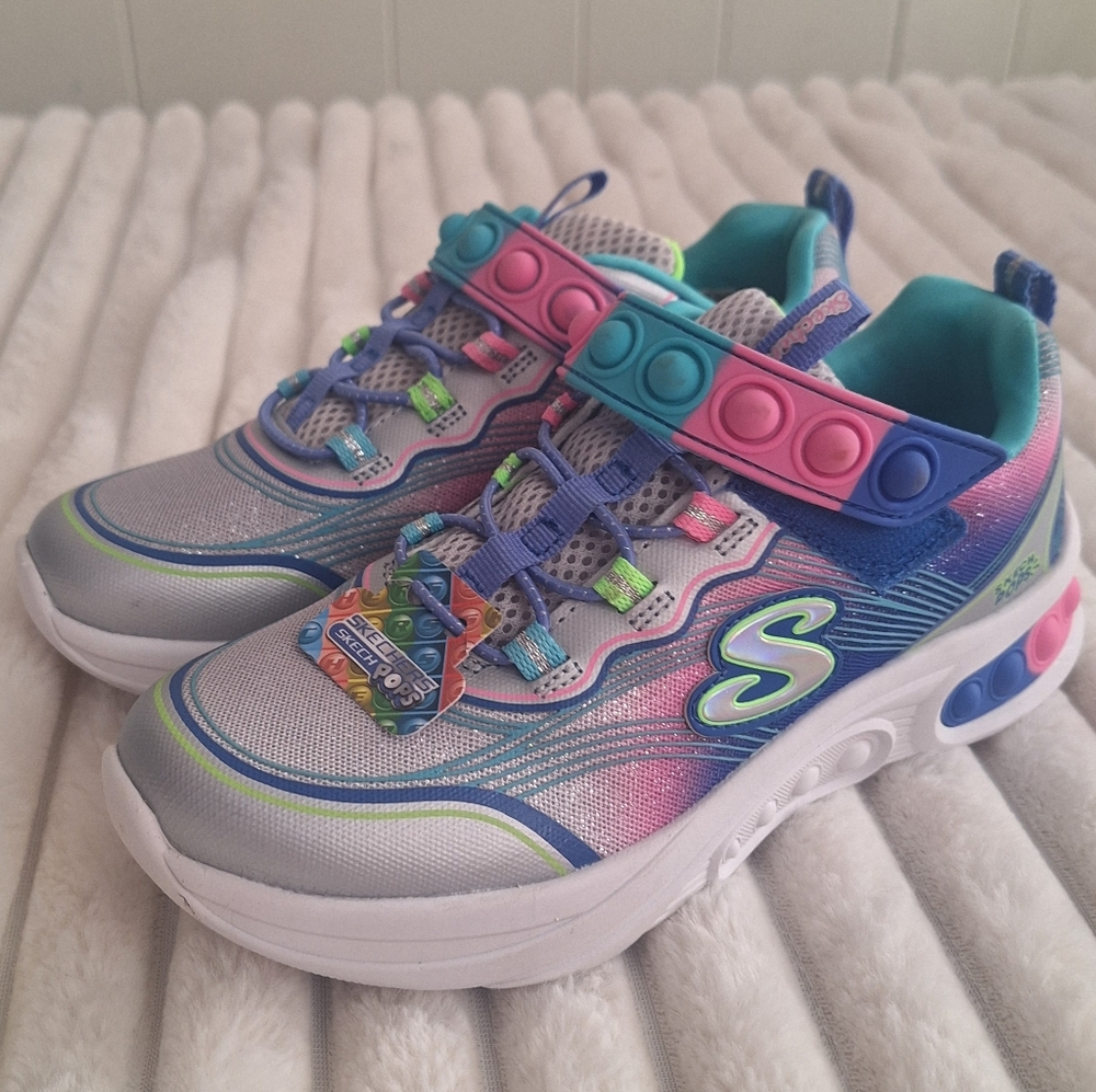 Skechers Skech Pops Sneakers Silver Rainbow Pop Strap Shoes Size 2.5 Worn1x